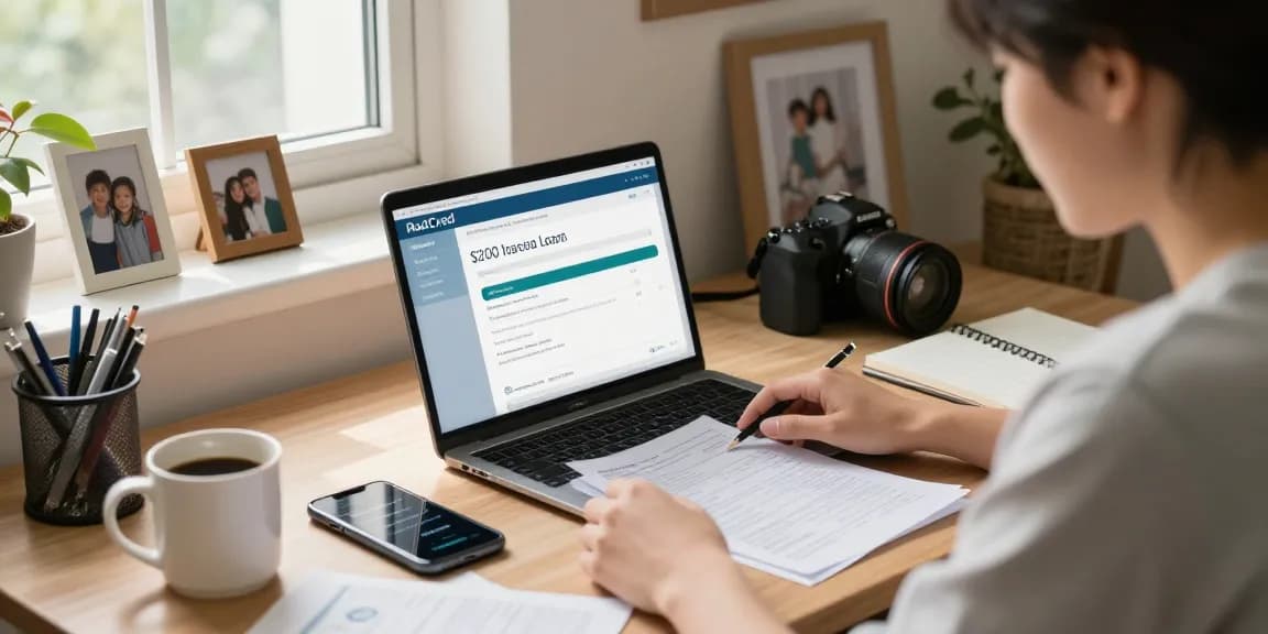 Person applying for a RadCred $200 loan at home desk, focused on managing finances.