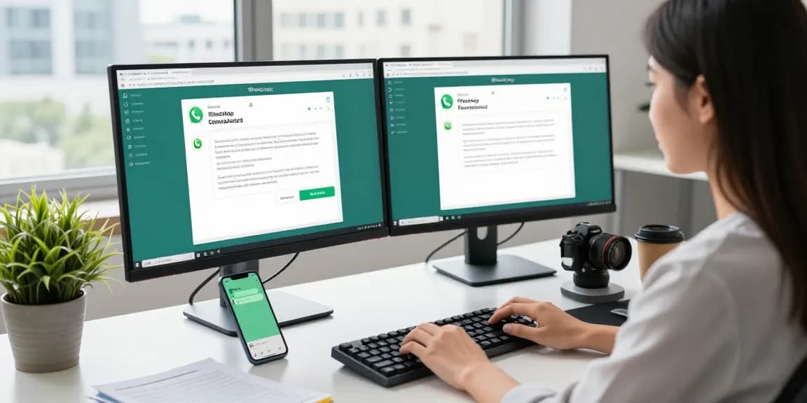 Using WhatsApp電腦版 on a dual-monitor setup in a modern workspace, highlighting communication efficiency and technology.