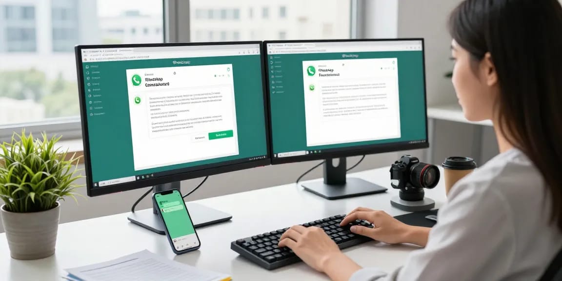 Using WhatsApp電腦版 on a dual-monitor setup in a modern workspace, highlighting communication efficiency and technology.