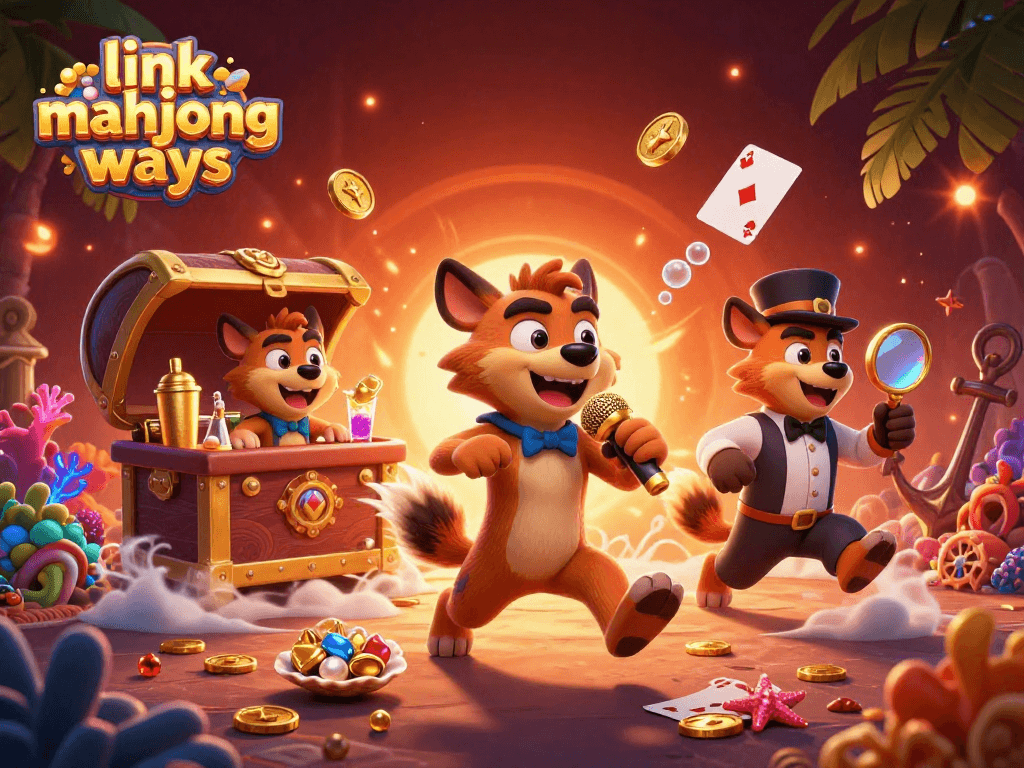 Experience the excitement of link mahjong ways in this vibrant casino scene with hyenas enjoying comedy, drinks, and gaming.