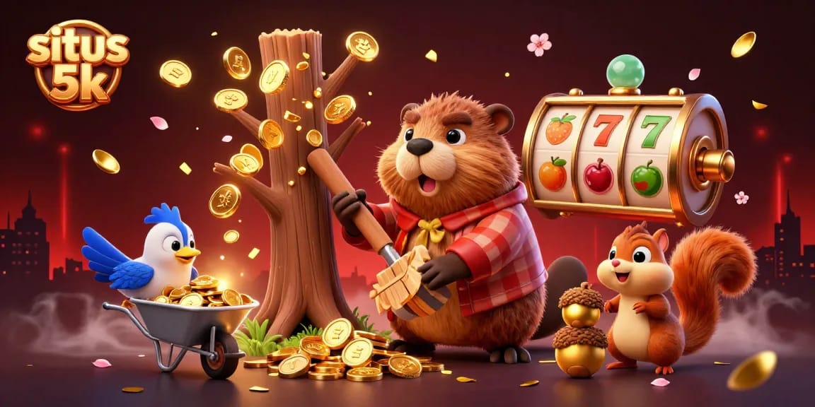 Spin the reels at situs 5k with this vibrant illustration of playful characters collecting coins and celebrating wins.