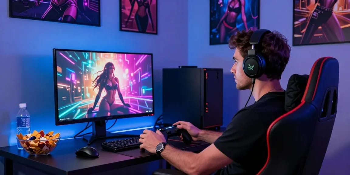 Gamer enjoying a sex simulator on a high-definition display in a vibrant gaming room.