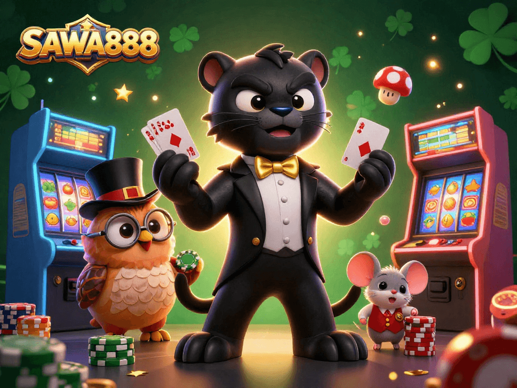 SAWA888 features a sleek panther dealer at a colorful casino engaging players with vibrant slot machines.