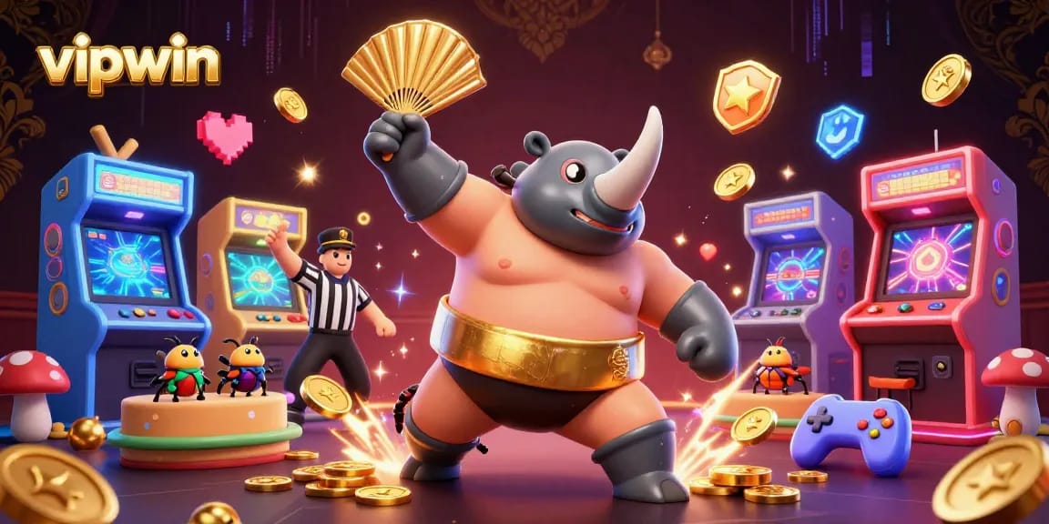 Experience thrilling gameplay with vipwin in a dynamic casino scene featuring a sumo champion and arcade games.