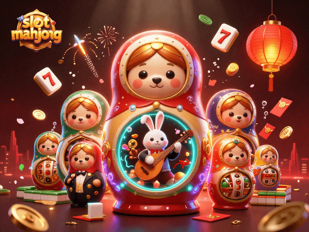Engage with slot mahjong through vibrant characters and festive elements in this 3D scene.