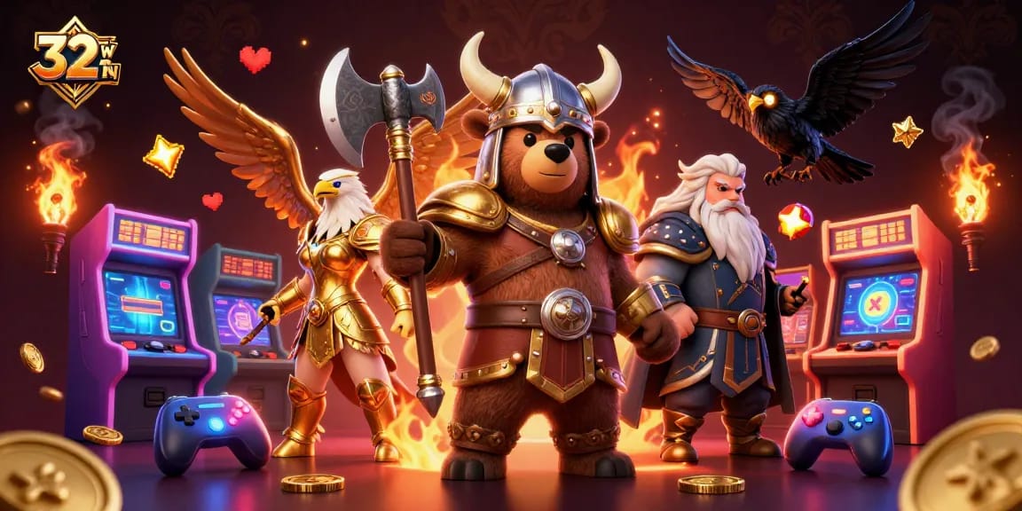 Engage in sports betting action with 32WIN featuring dynamic gaming elements and vibrant characters.
