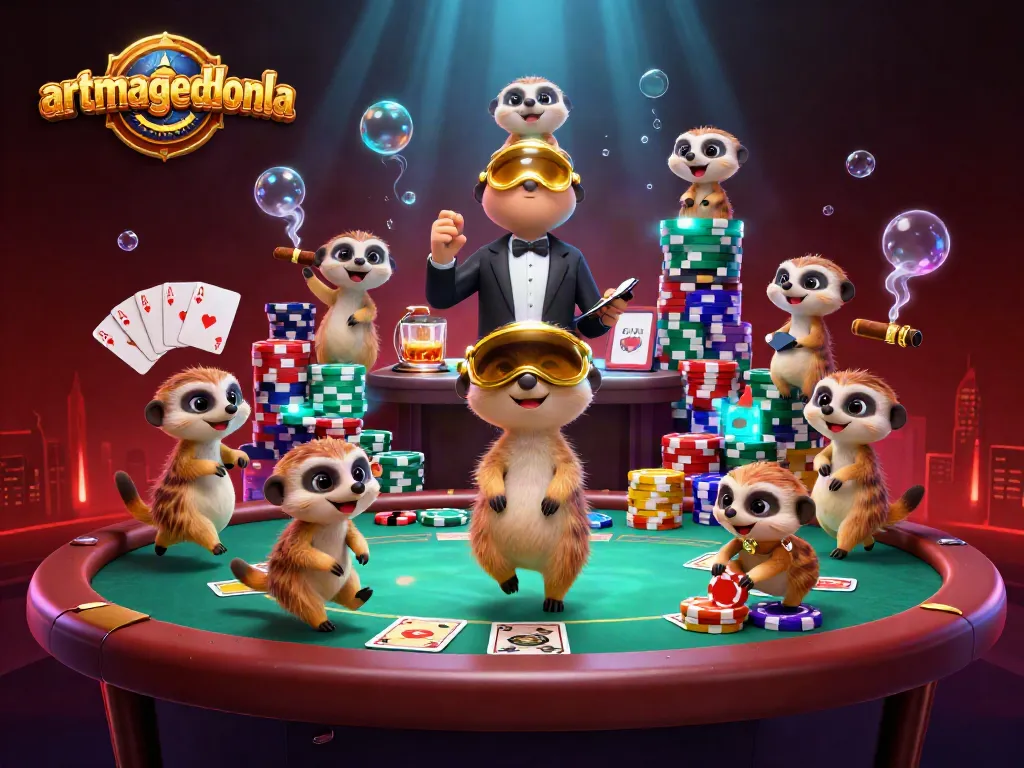 artmageddonla casino scene featuring meerkats managing chips at a vibrant poker table.