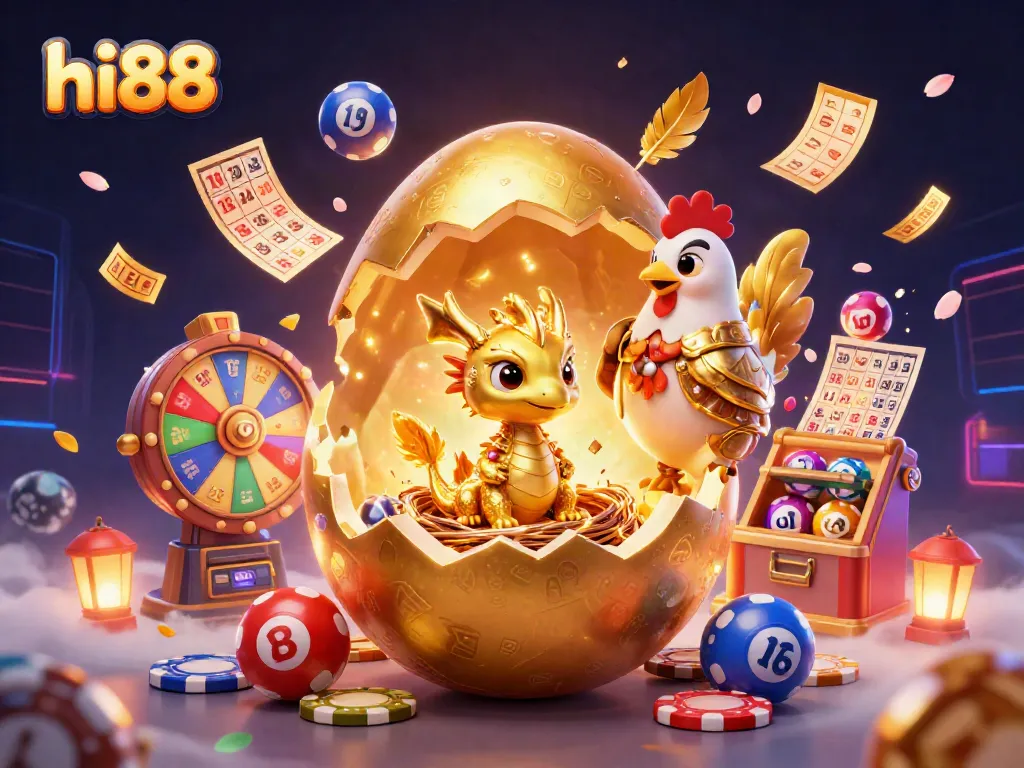 Experience the excitement of hi88 casino with a vibrant 3D illustration of a golden dragon, poker chips, and dynamic game elements.
