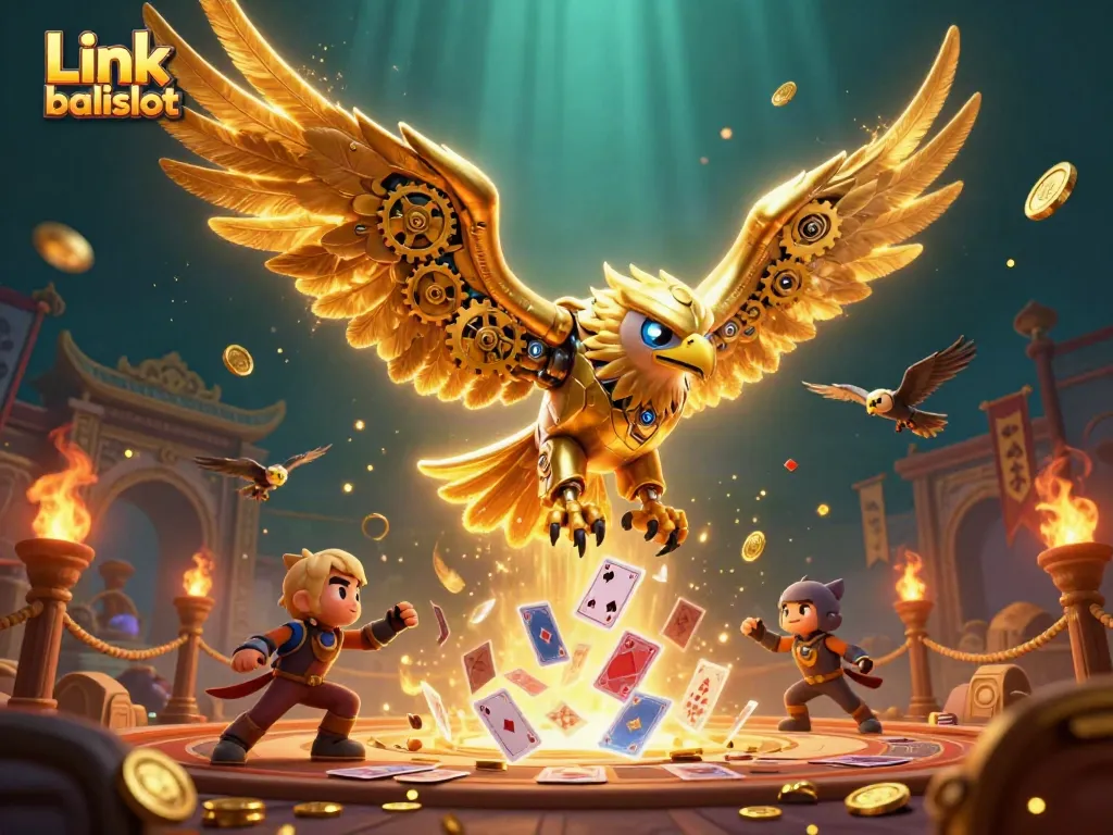 Engage with Link balislot through an action-packed scene featuring a cybernetic eagle and dynamic game elements.