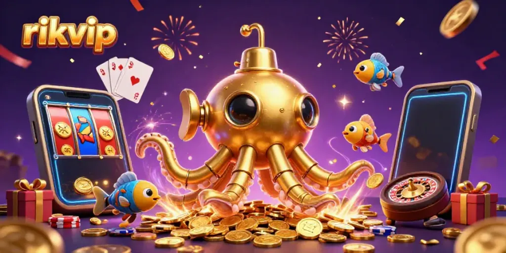 Engage with rikvip's exciting slot games and golden rewards in this vibrant, dynamic illustration.