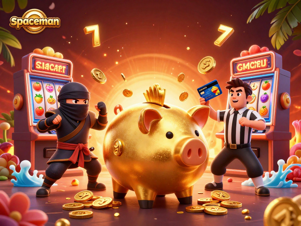 Exciting spaceman action scene with a golden piggy bank, wallet ninja, and credit card samurai in a vibrant casino
