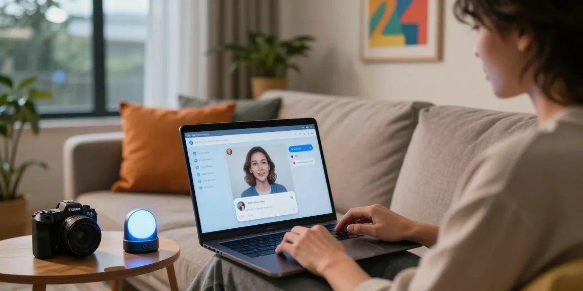 Engaging in AI porn chat on a laptop in a cozy home setting, showcasing modern digital interaction.