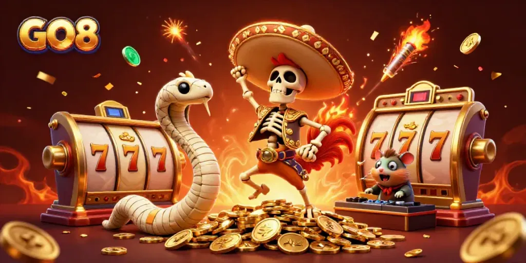 Experience the excitement of GO8 with a lively 3D scene featuring a mariachi rooster celebrating among slot reels and golden coins.
