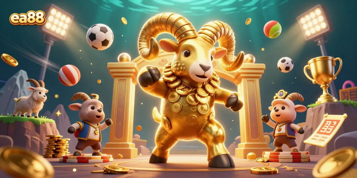 Bet on ea88 with a dynamic 3D scene showcasing a golden ram charging through a vibrant casino atmosphere.