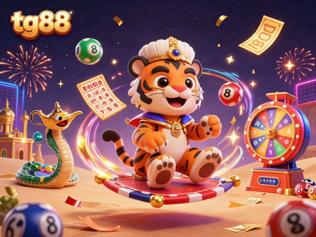 Engage with tg88, a vibrant dynamic casino illustration showcasing a tiger sultan on a carpet amidst colorful lottery elements.