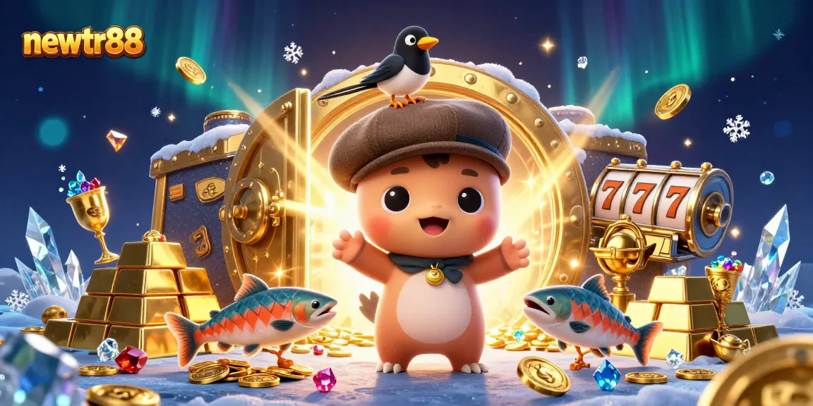 Playfully winning big with newtr88's charming characters in a vibrant casino treasure scene