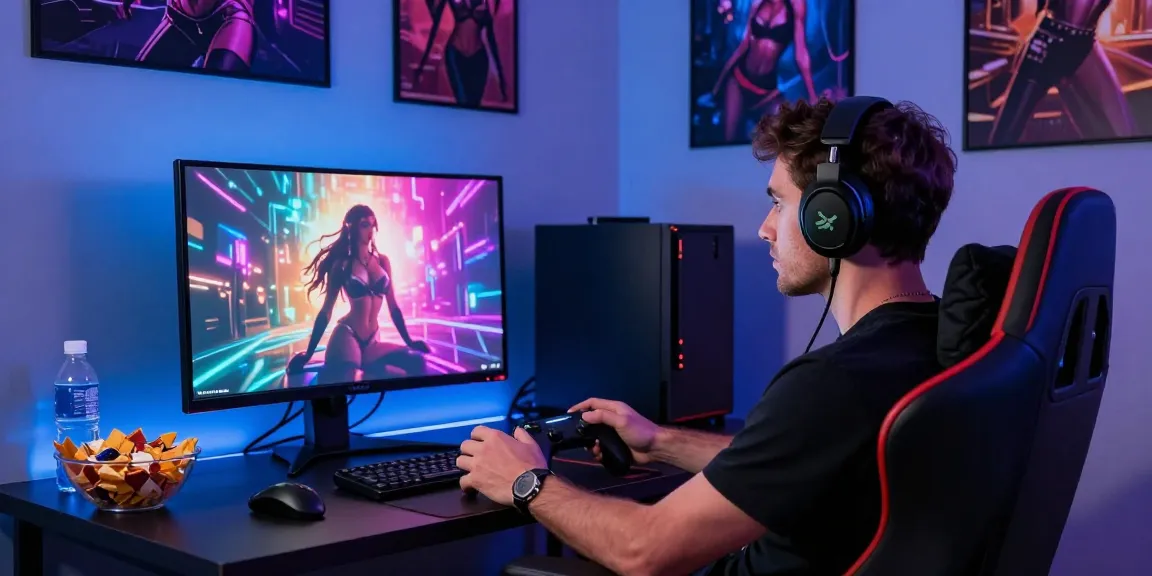 Gamer enjoying a sex simulator on a high-definition display in a vibrant gaming room.