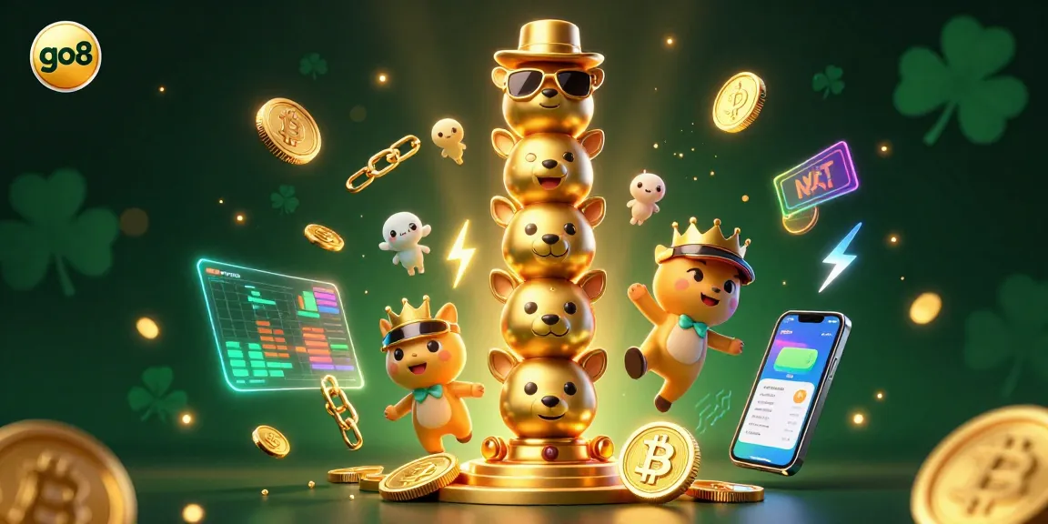 Engage with go8's vibrant gaming world featuring a dynamic totem pole and cryptocurrency elements.