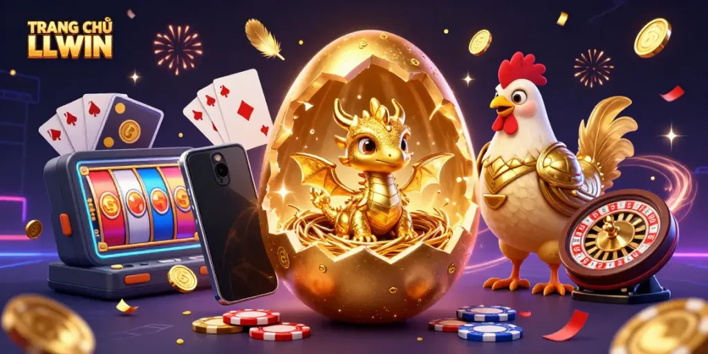Engage with the vibrant world of TRANG CHỦ LLWIN, featuring a golden dragon, poker chips, and exciting game elements.