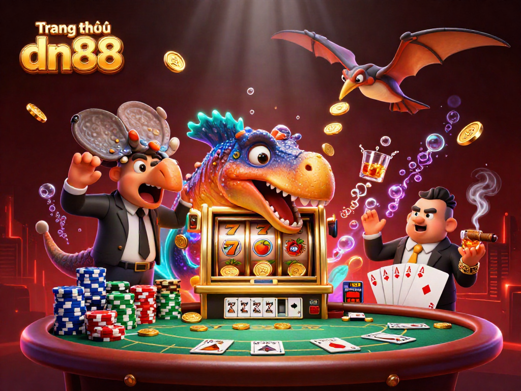 Trang chủ dn88 depicts a pachycephalosaurus winning at the slot machine amidst vibrant casino elements.