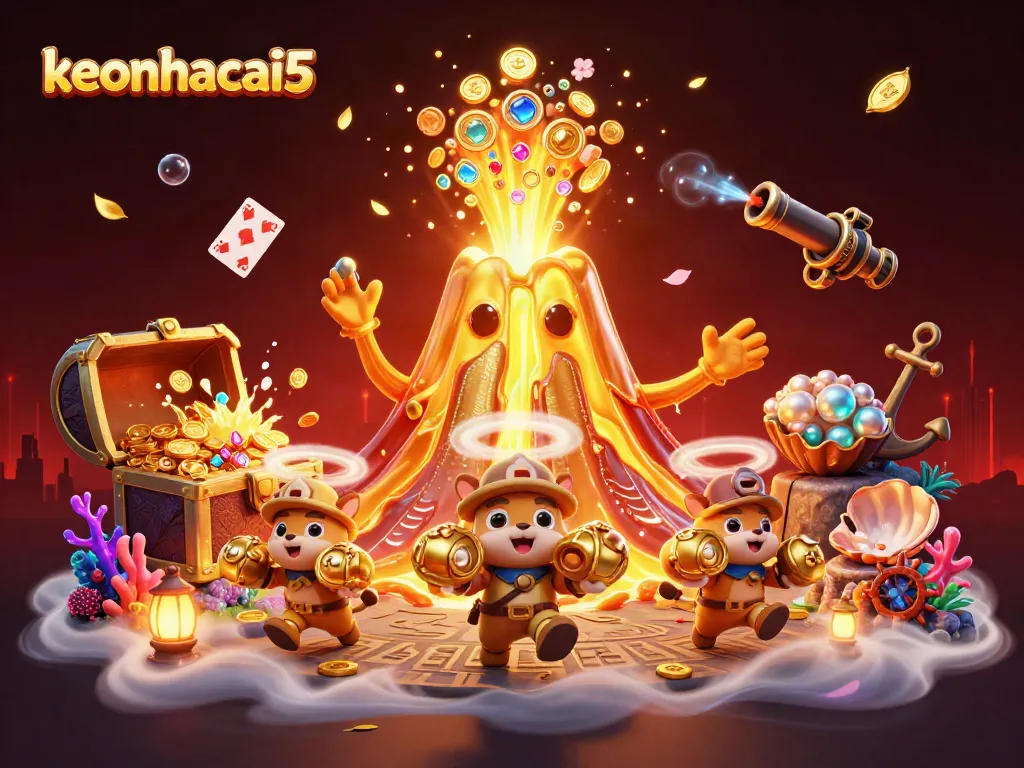 Engage with thrilling treasures from keonhacai5 as cartoon explorers collect gems and coins from a volcanic eruption.