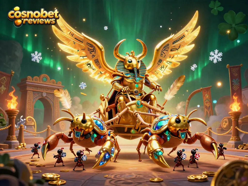 Engage with Cosmobet reviews featuring a vibrant casino scene with a golden scarab beetle chariot and scorpions, symbolizing thrilling gaming.