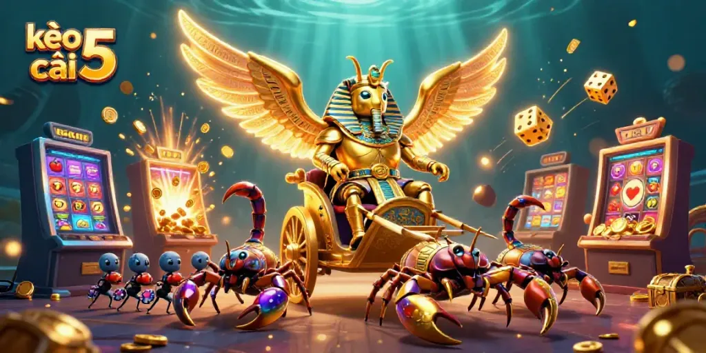 Engage with kèo nhà cái 5 through this vibrant 3D scene of a golden scarab beetle and exciting casino elements.