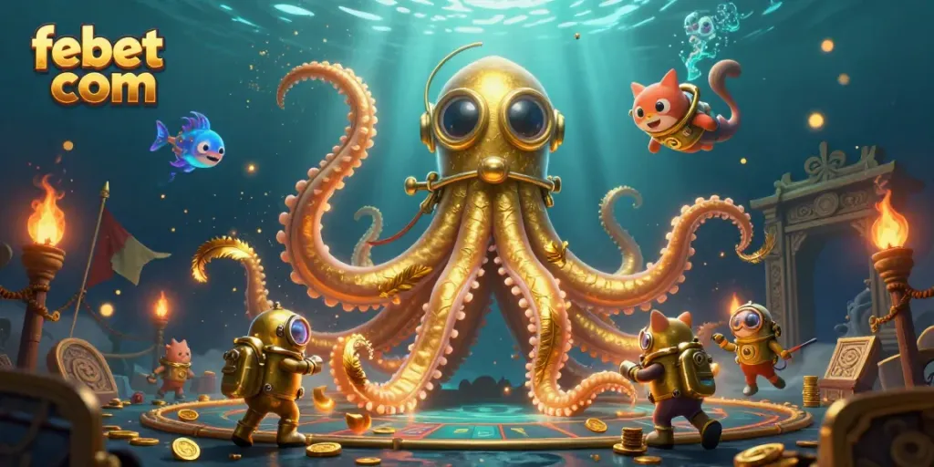 Experience thrilling gameplay at febet com with a vibrant kraken and vintage diving cat in an underwater scene.