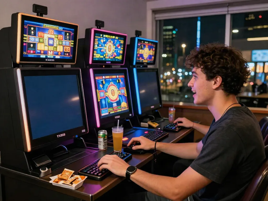 Engaging player enjoying the TX88 online slot gaming experience with vibrant visuals and cozy setup.