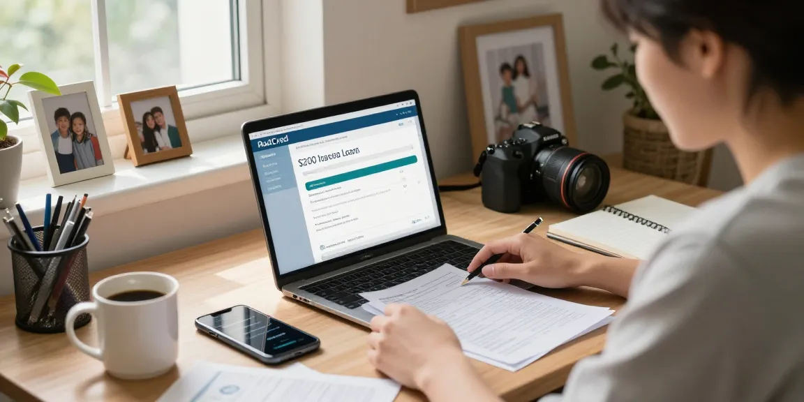 Person applying for a RadCred $200 loan at home desk, focused on managing finances.