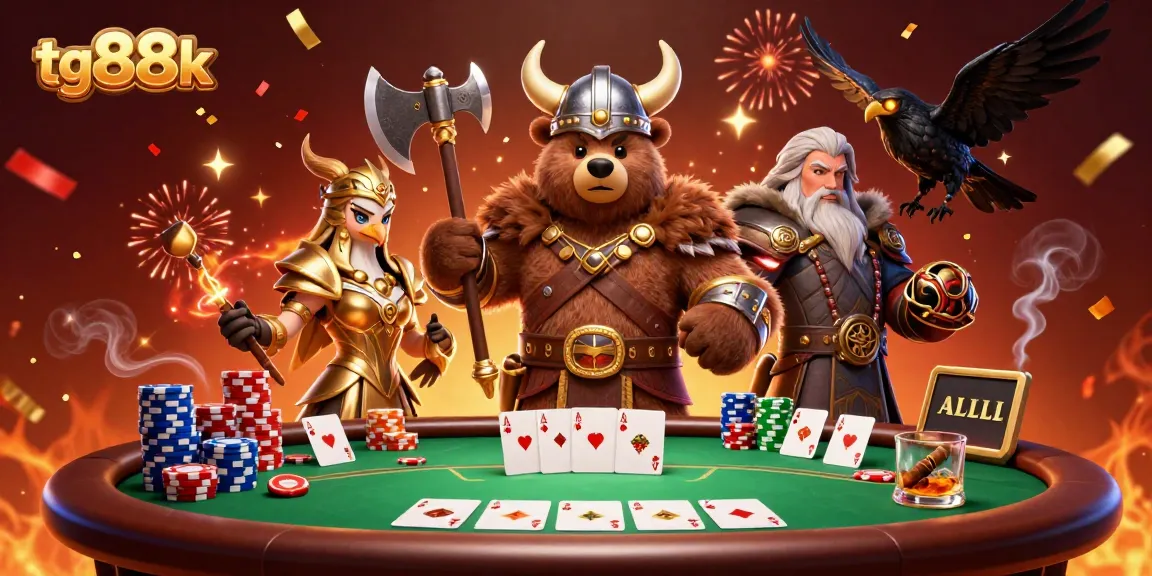Win big with tg88k amidst a vibrant casino celebration featuring a Viking bear and a Valkyrie eagle.