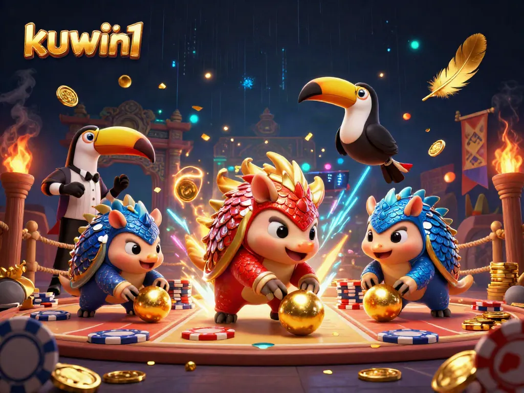 Kuwin1 pangolins compete in a vibrant casino scene, combining skill and strategy in a poker-like showdown.