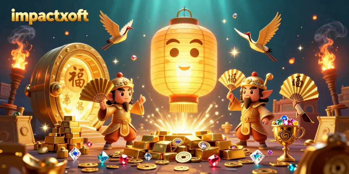 Engage with impactxoft's vibrant casino world featuring a glowing lantern spirit and gold treasures.