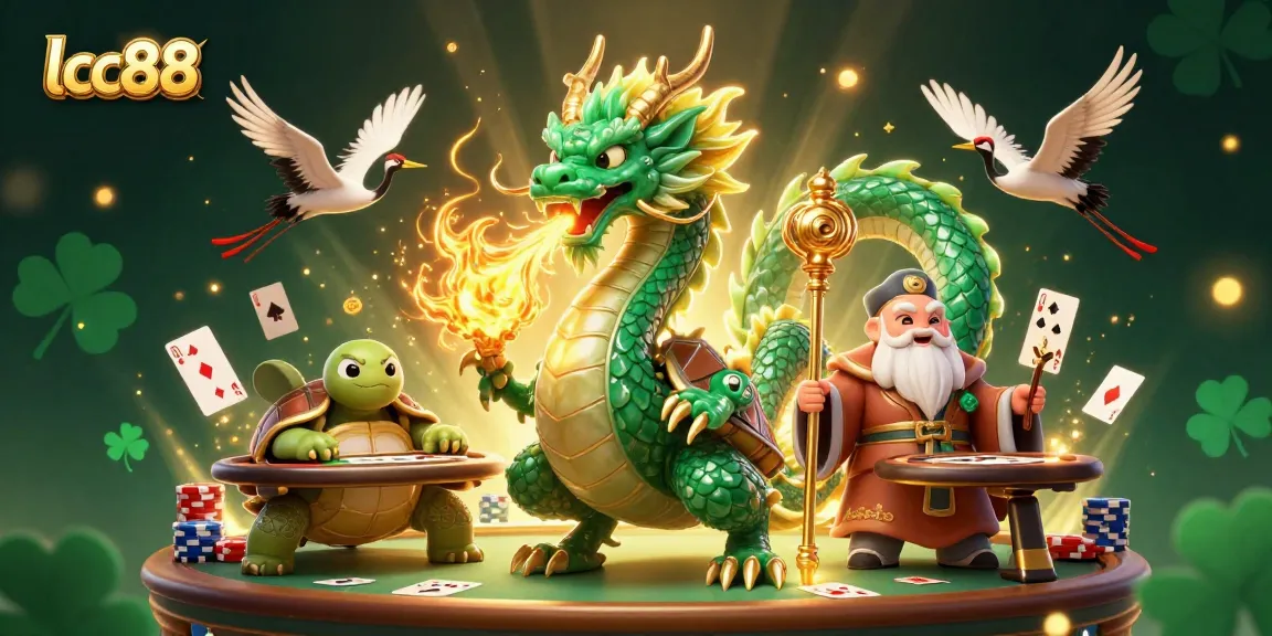 Engage in thrilling gameplay with lclc88 as the dragon breathes golden fire over poker elements and lucky cranes.