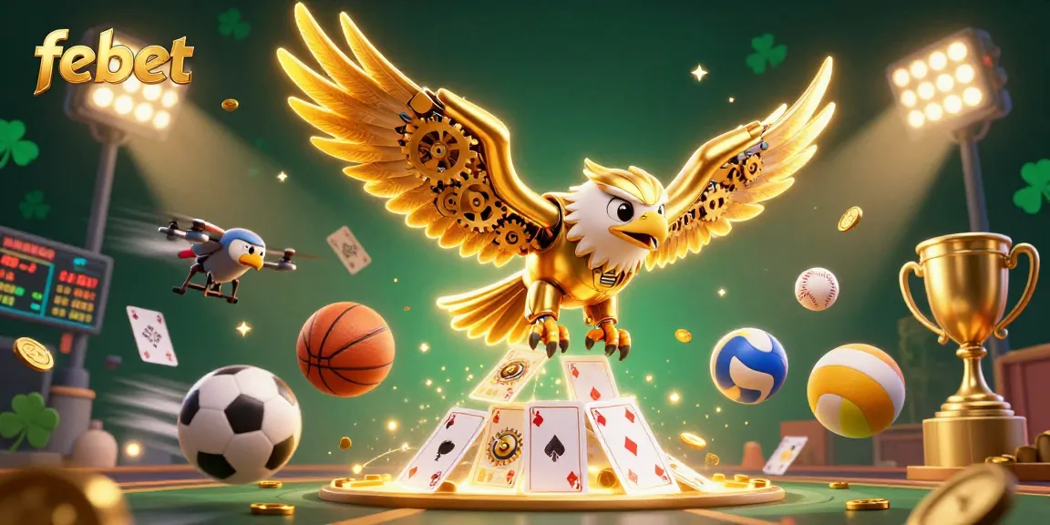 Experience the excitement of febet with a dynamic scene showcasing a cybernetic eagle amidst vibrant gambling elements and sports