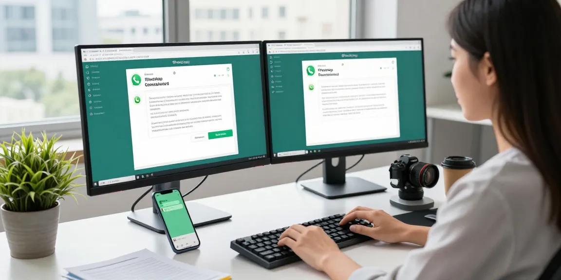 Using WhatsApp電腦版 on a dual-monitor setup in a modern workspace, highlighting communication efficiency and technology.