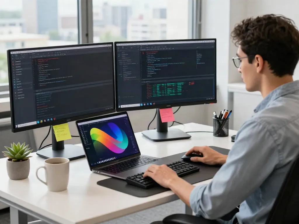 Developer utilizing instant indexing tools on dual monitors in a modern office.