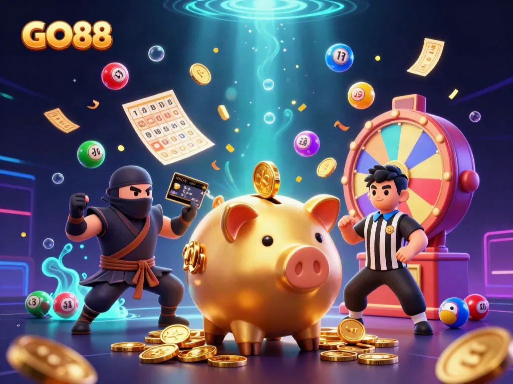 Experience exciting gameplay with GO88; a vibrant scene featuring a piggy bank sumo, ninja, and samurai surrounded by dynamic casino elements.