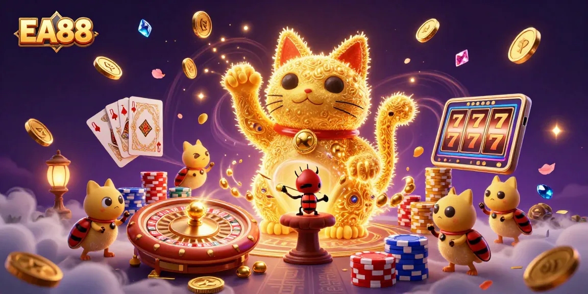 EA88 showcases a vibrant casino scene with a lucky cat and gripping game elements.