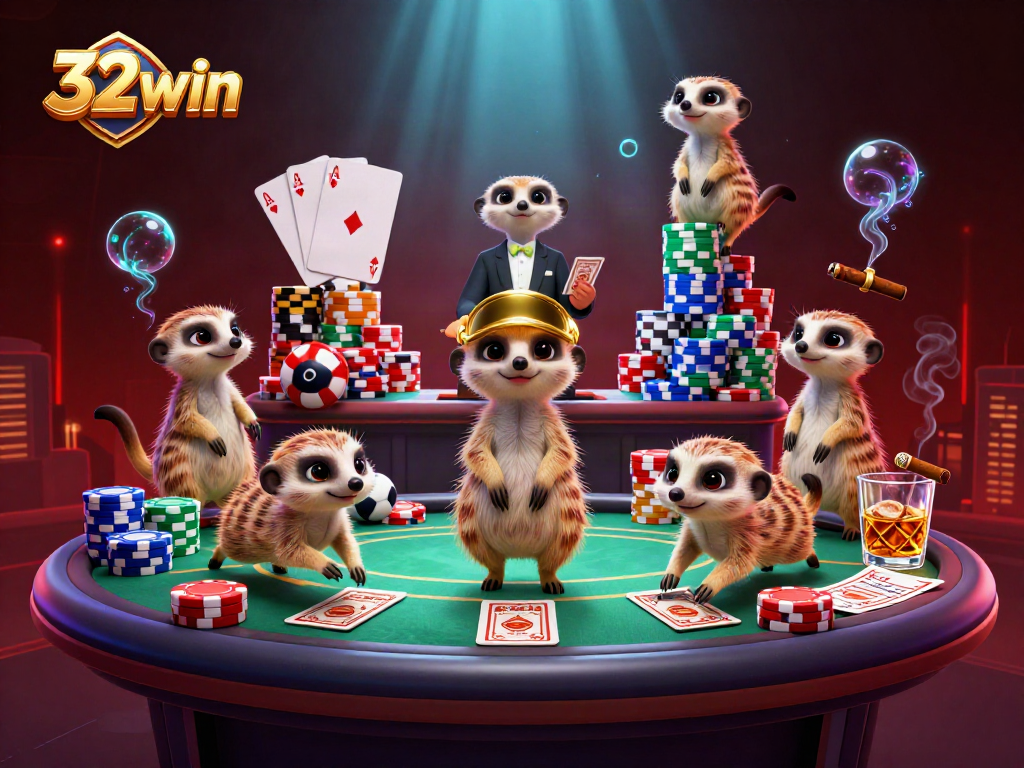 Experience lively action at 32win sports betting with meerkats engaging in casino games.