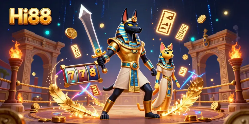 Players explore thrilling Hi88 online casino slots with Anubis and Bastet, surrounded by jackpot excitement.