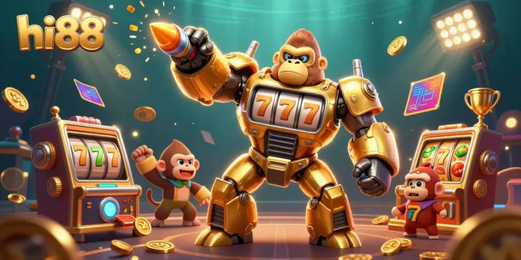 Gamble and win big at hi88 with a dynamic 3D slot-themed gaming illustration featuring a golden gorilla mech.