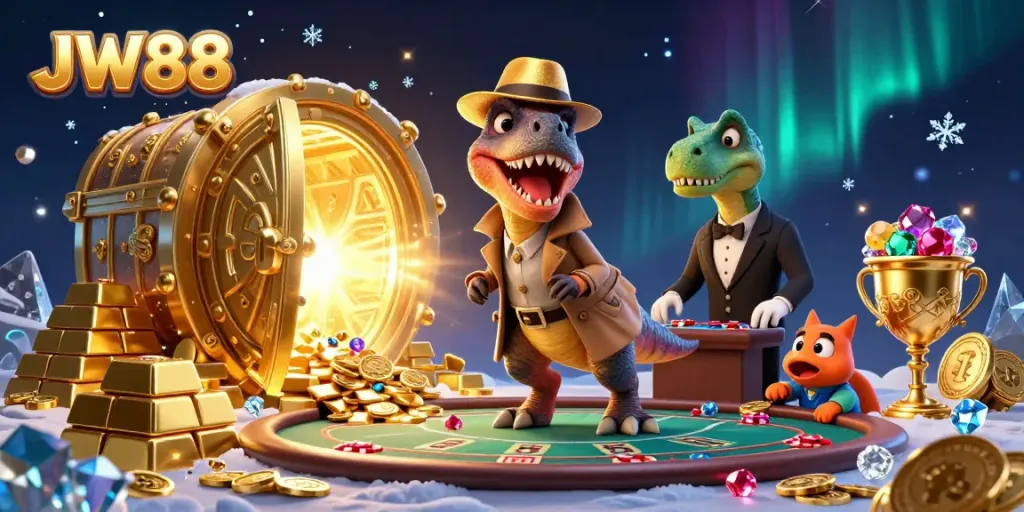 JW88's vibrant 3D scene with a velociraptor at the blackjack table, surrounded by treasures and game elements.