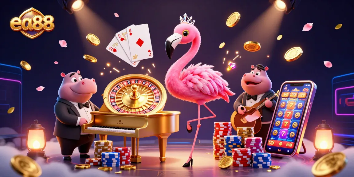 Experience winning moments at ea88 with vibrant 3D casino illustration, featuring characters and games.