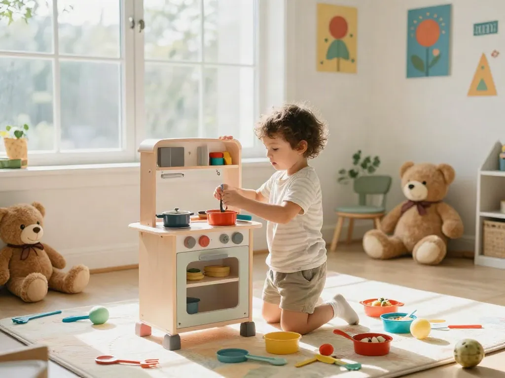 Young child enjoying a vibrant toy kitchen set in a playful room