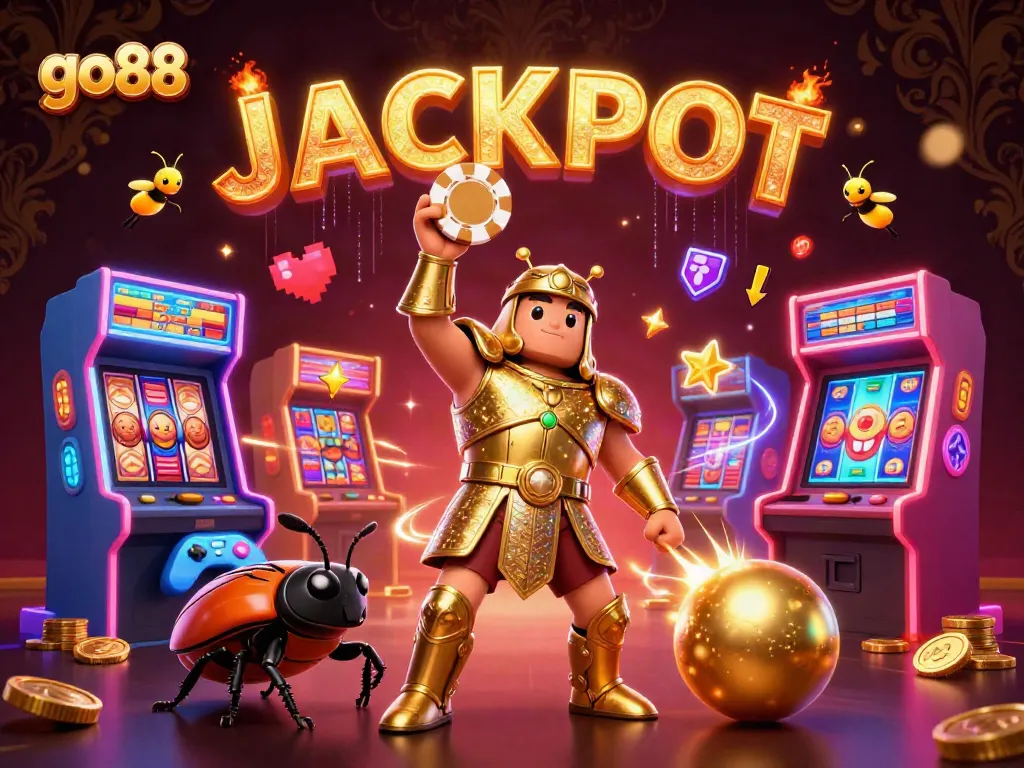 Experience go88's thrilling online gaming with vibrant characters, slot reels, and arcade excitement.