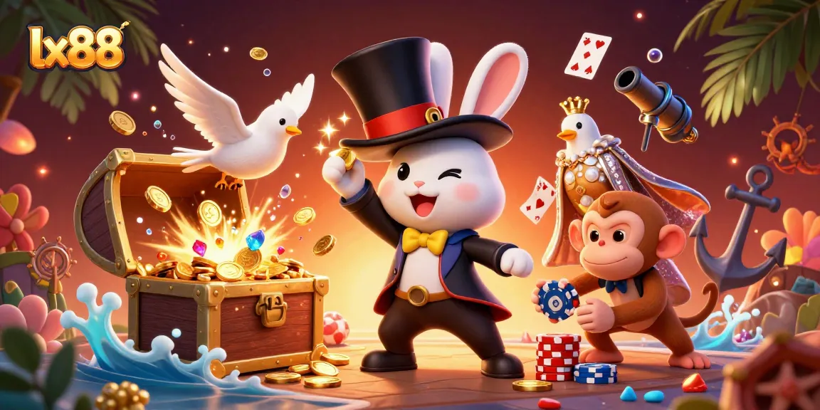 Experience the thrill of winning with lx88 as a magician rabbit unleashes golden coins amid poker chips in a vibrant casino!