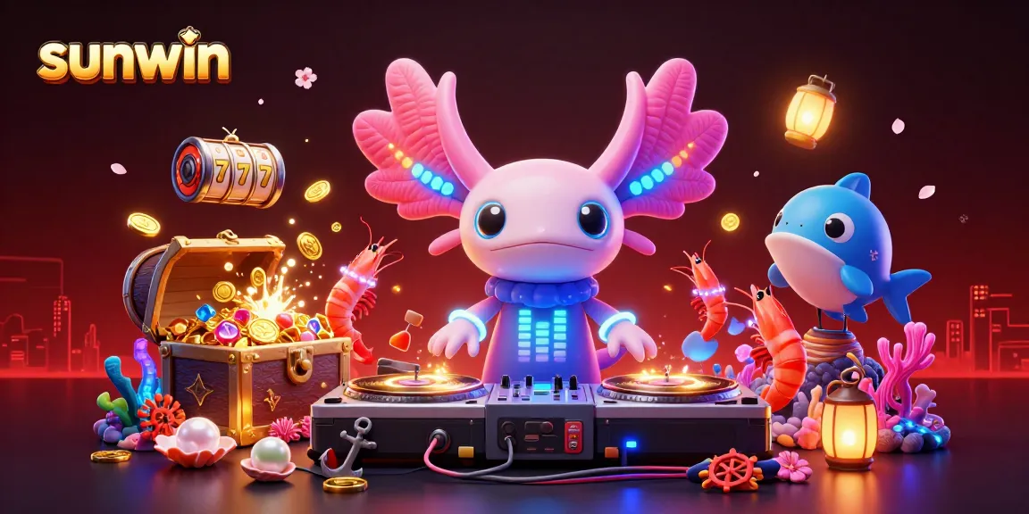 Experience sunwin's vibrant casino world with a neon axolotl DJ and slot reels.