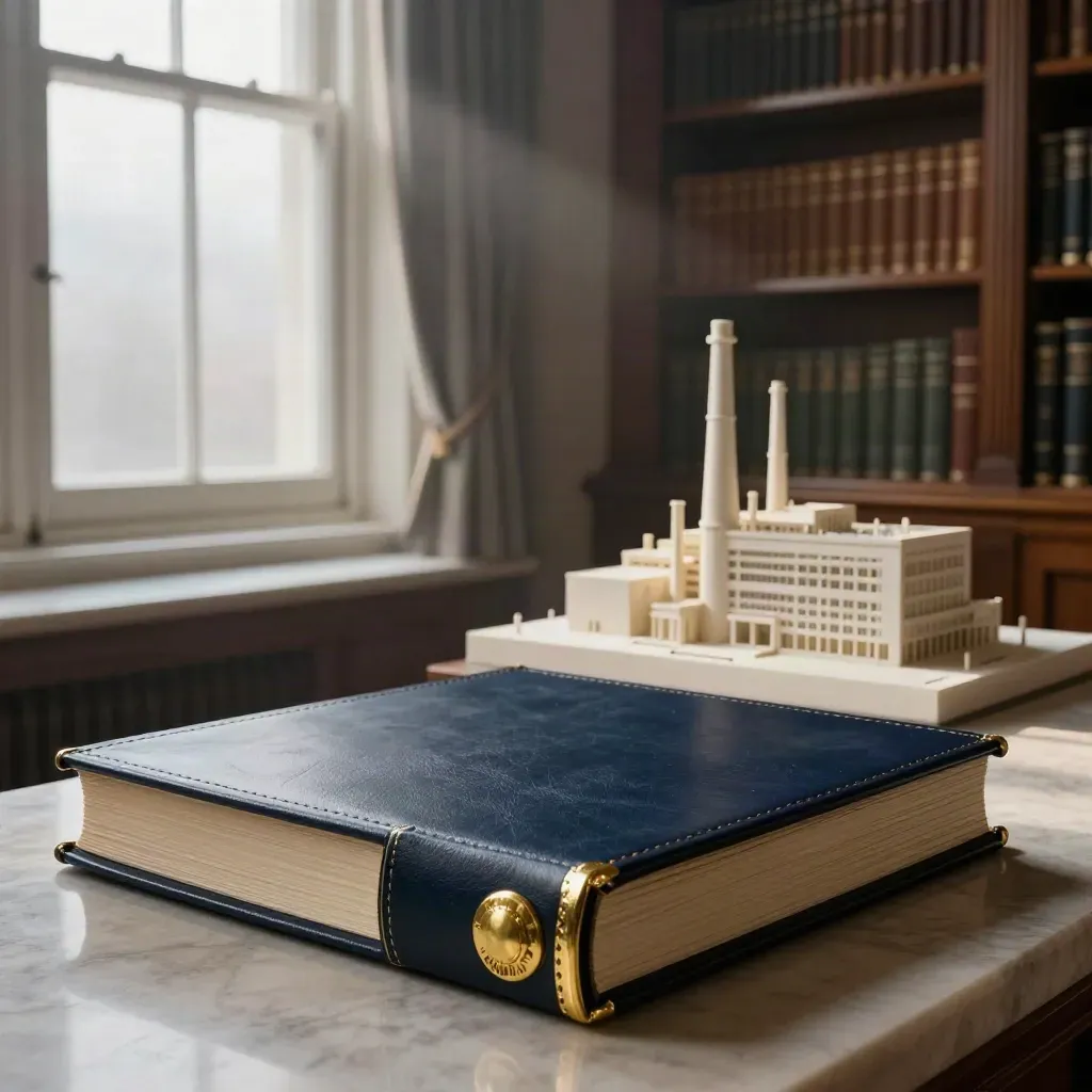Mayfair advisory library with leather folios, brass seal, and an industrial model in foggy dawn light.