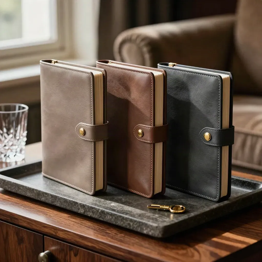 Three closed leather folios with brass key tags on a stone tray in a private club lounge.
